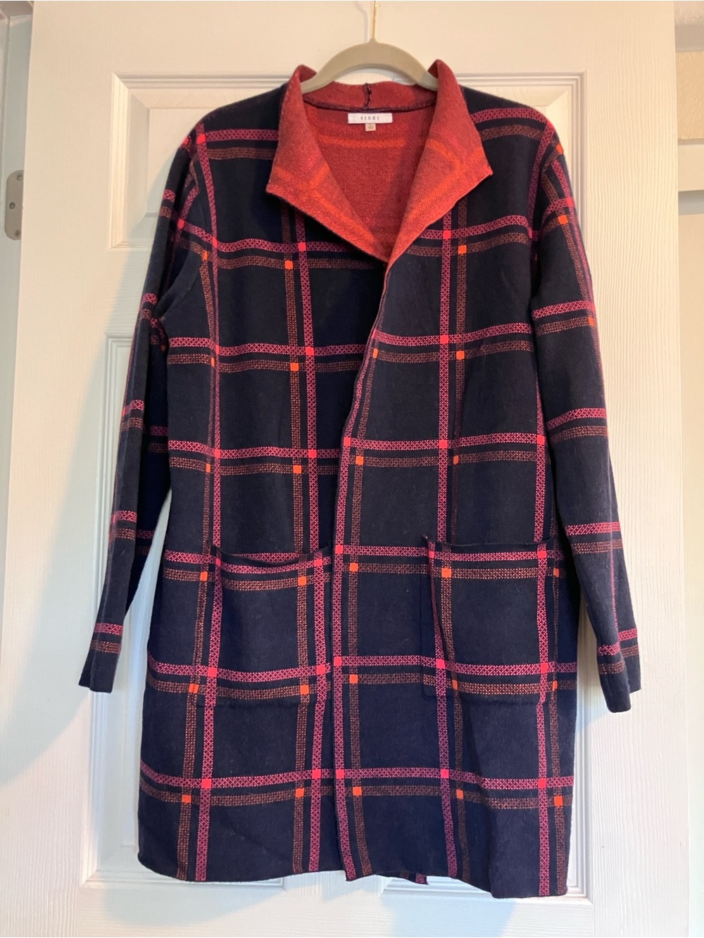 Sioni Navy Trench Coat with Pink & Coral Plaid